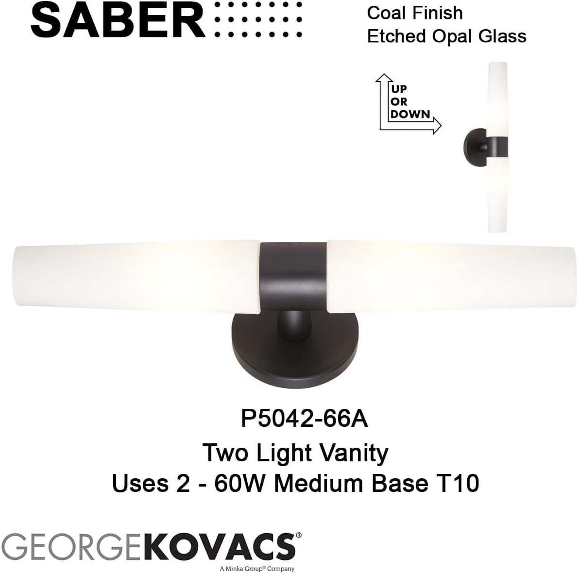 GEORGE KOVACS P5042-66A Saber Wall Sconce, 2-Light, 120 Total Watts, 5-in H x 20.25-in W, Coal Black