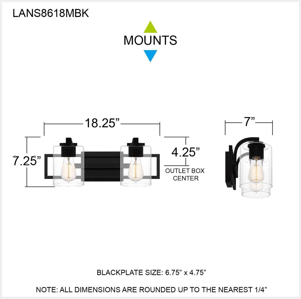 Quoizel Lansdowne Modern Bath Vanity Lights,18.25 Inch 2-Light Matte Black Lighting Fixtures Over Mirror, Clear Glass Shade, 100W, Decorative Wall Light for Bathroom, Dresser, Kitchen or Hallway
