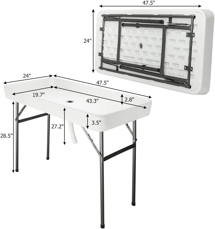 VINGLI 46' Extra Large Party Ice Cooler Folding Table, Portable Tailgate Camp Fishing Cleaning, Plastic with Matching Skirt, Ice Table for Party, BBQ, Camping, Picnic