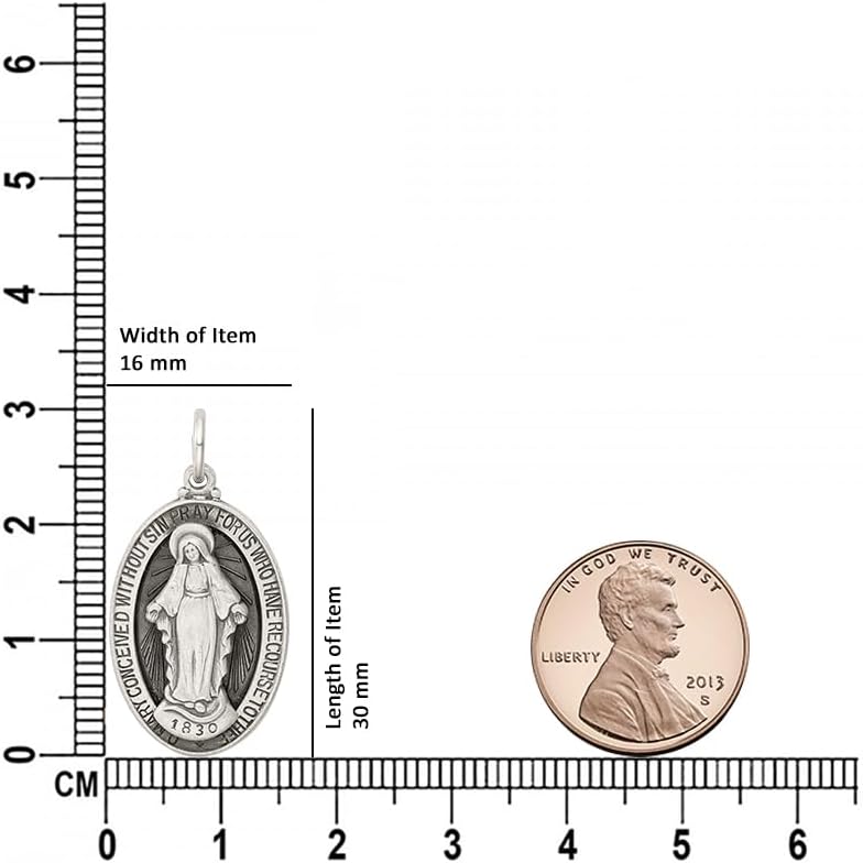 925 Sterling Silver Antiqued Miraculous Medal Pendant (L- 1.19 Inch, W- 0.63 Inch)