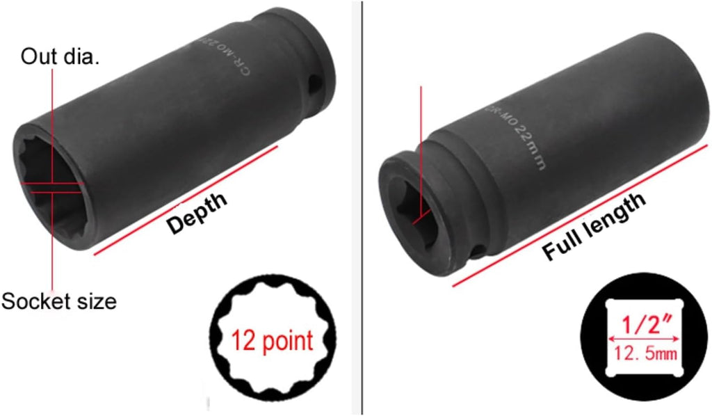 21Pcs 1/2' Square Drive 12 point Deep Socket Bit Ratchet wrench Sockets Hand Tool 12 Angles Plum Blossom Sleeve 8-38mm