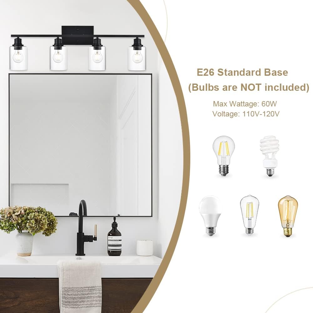 4-Light Modern Bathroom Lighting Fixtures, 31' Matte Black Bathroom Vanity Lights with Clear Glass Shade, Anti-Rust Farmhouse Wall Sconces for Bedroom Cabinet Kitchen E26 Socket (Bulbs Not Included)