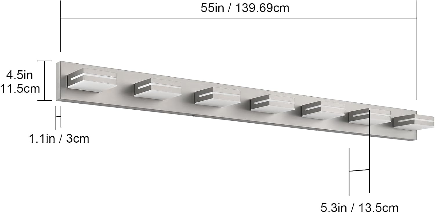 SineRise LED Modern Bathroom Vanity Light Fixtures (7-Light, 55-Inch), Brushed Nickel Modern Acrylic Bathroom Wall Lighting Fixtures Over Mirror (Cool White 6000K)