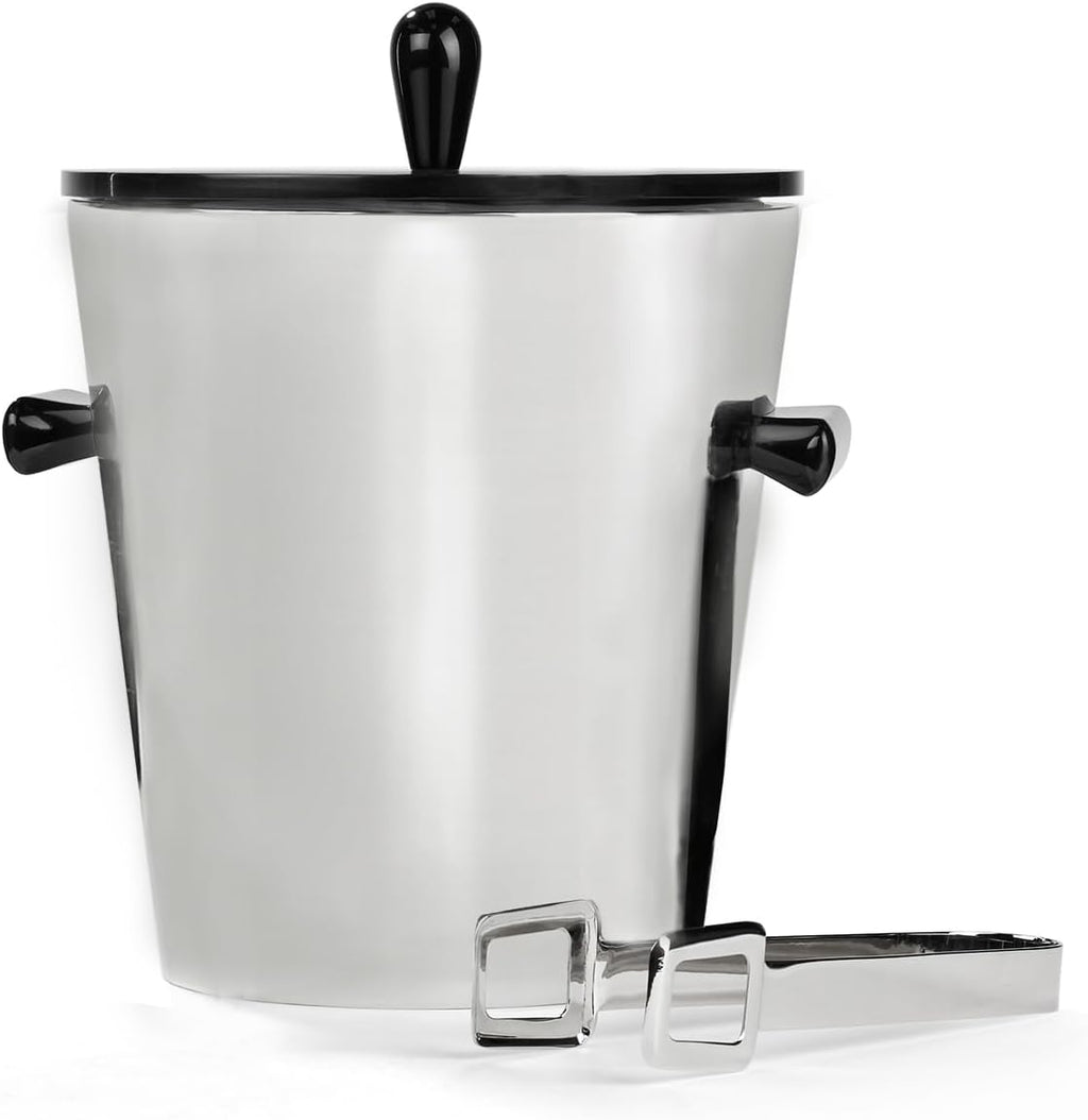 Nambé Circa Ice Bucket with Tongs – Double-Walled Stainless Steel Bucket with Black Lacquered Resin Lid & Handles, 8'W x 9.5'L x 10'H – Includes Tongs for Home Bar, Champagne & Wine Chilling