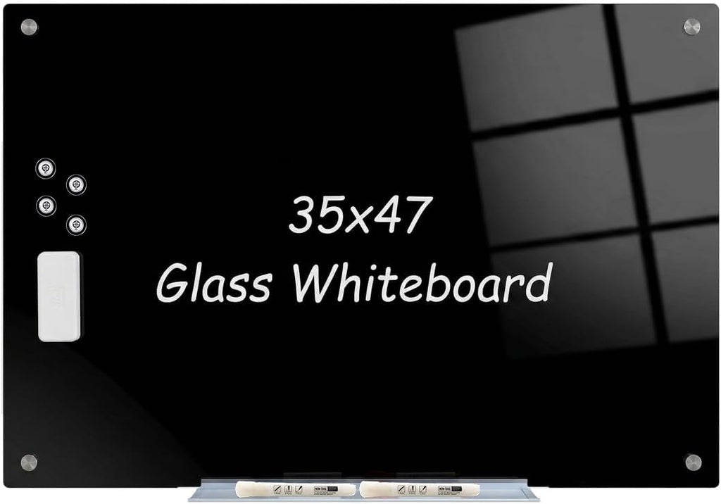 Magnetic Glass Whiteboard, Black Glass Dry Erase Board 4' x 3', Tempered Glass White Board Frameless, Home School Supplies or Home Office Decor with Magnets, Markers, Eraser, Marker Tray