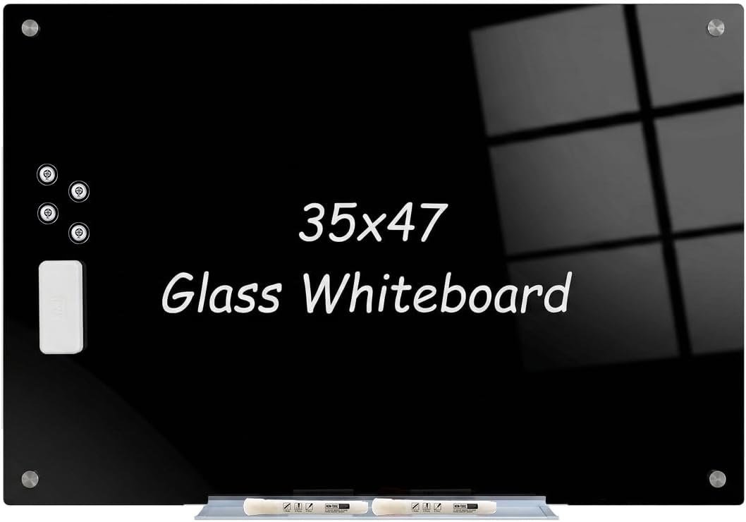 Magnetic Glass Whiteboard, Black Glass Dry Erase Board 4' x 3', Tempered Glass White Board Frameless, Home School Supplies or Home Office Decor with Magnets, Markers, Eraser, Marker Tray