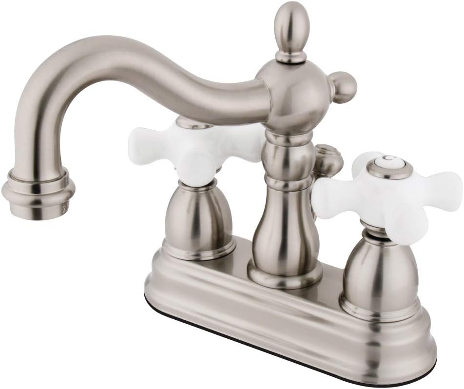 Kingston Brass KB1608PX Heritage 4-Inch Centerset Lavatory Faucet with Porcelain Cross Handle, Brushed Nickel