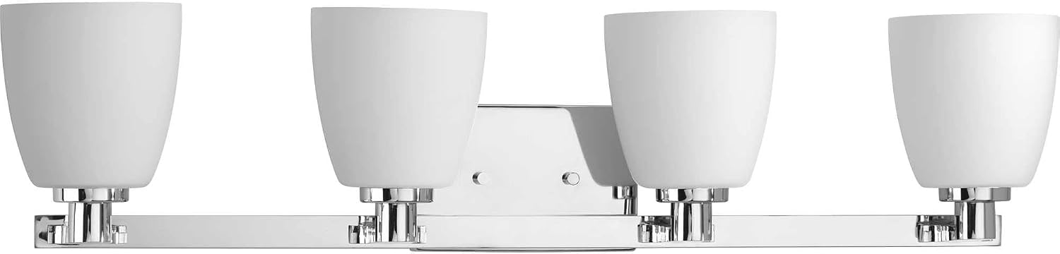 Progress Lighting 4 Light Bathroom Vanity Light, Coastal Style Modern Bath Lighting Fixture with Etched White Glass Shade for Over the Mirror, Reversible Mounting, Fleet Collection, Polished Chrome