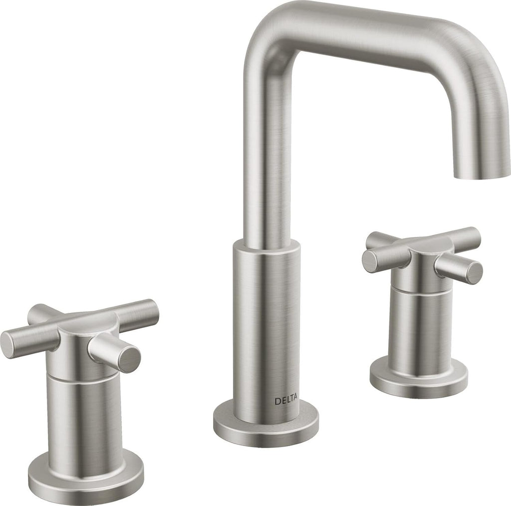 Delta Nicoli Brushed Nickel Bathroom Faucet 3 Hole, 8 Inch Widespread Bathroom Sink Faucet for Vanity, Push-Pop Drain Assembly, Drain Assembly, Stainless 35894LF-SS