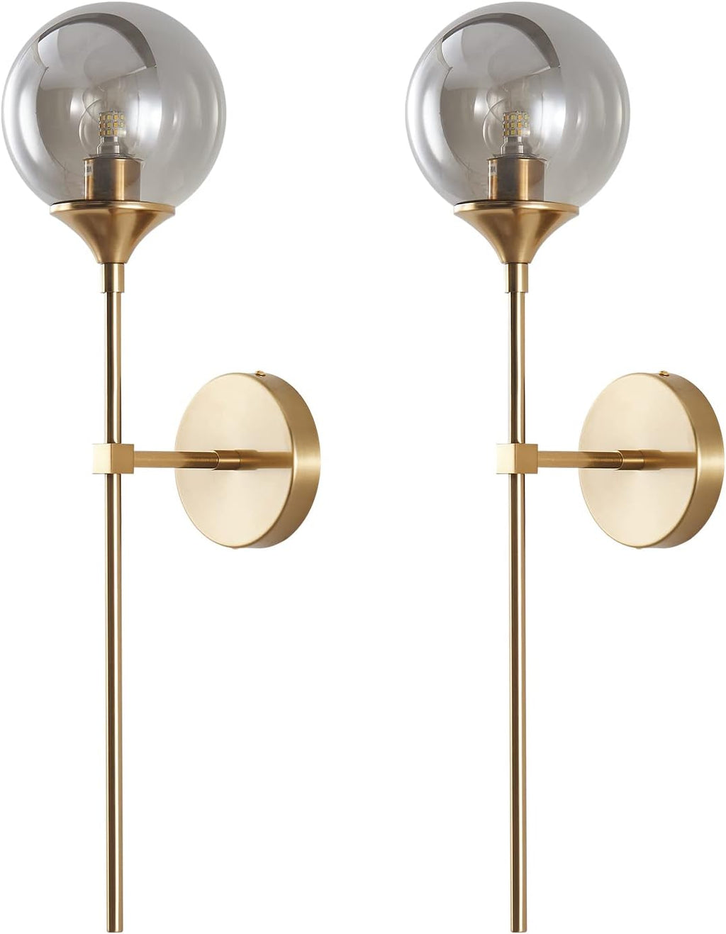 KCO Mid-Century Modern Wall Mounted Sconces Set of 2 Smoke Gray Glass Globe Wall Lamps with Long Arm Industrial Gold Wall Lights Fixture for Bedroom Bedside Stairway Hallway