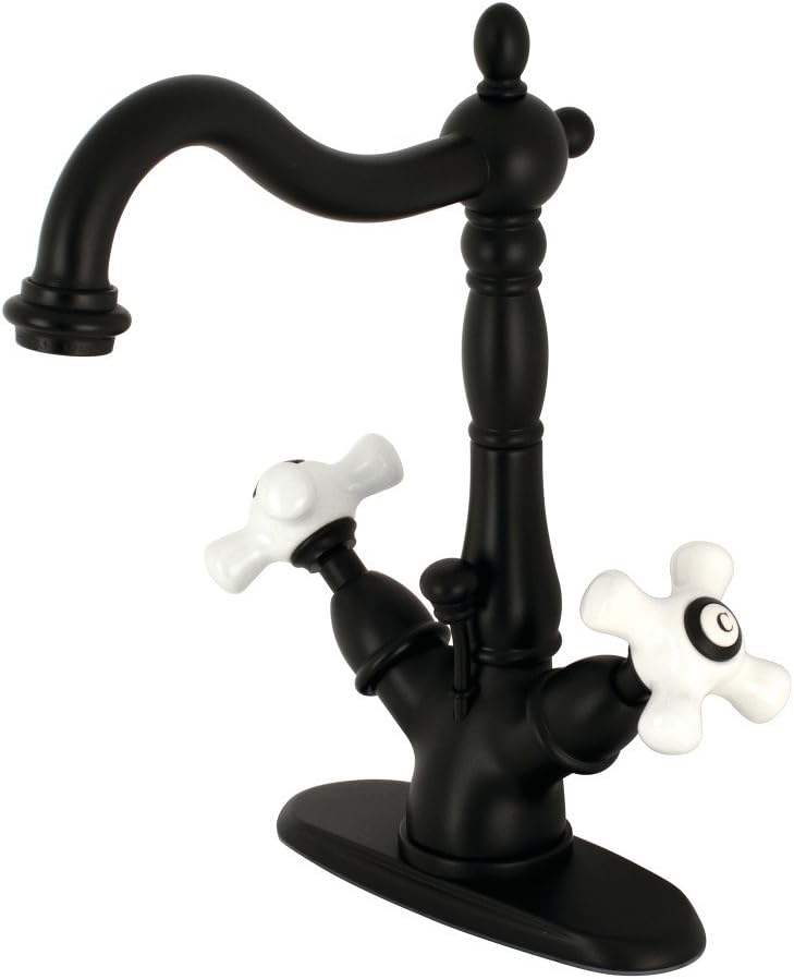 Kingston Brass KS1430PX Heritage Two-Handle Bathroom Faucet with Brass Pop-Up and Cover Plate, Matte Black