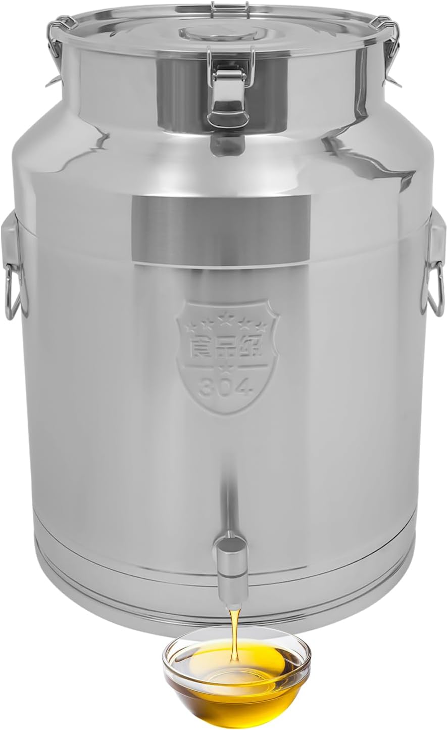 Milk Can with Spigot, 304 Stainless Steel Milk Dispenser Container Pail, 17Gal Stainless Steel Water Jug 64L Hanging Lid Bucket Drink Beverage Dispenser for Oil Tea Wine