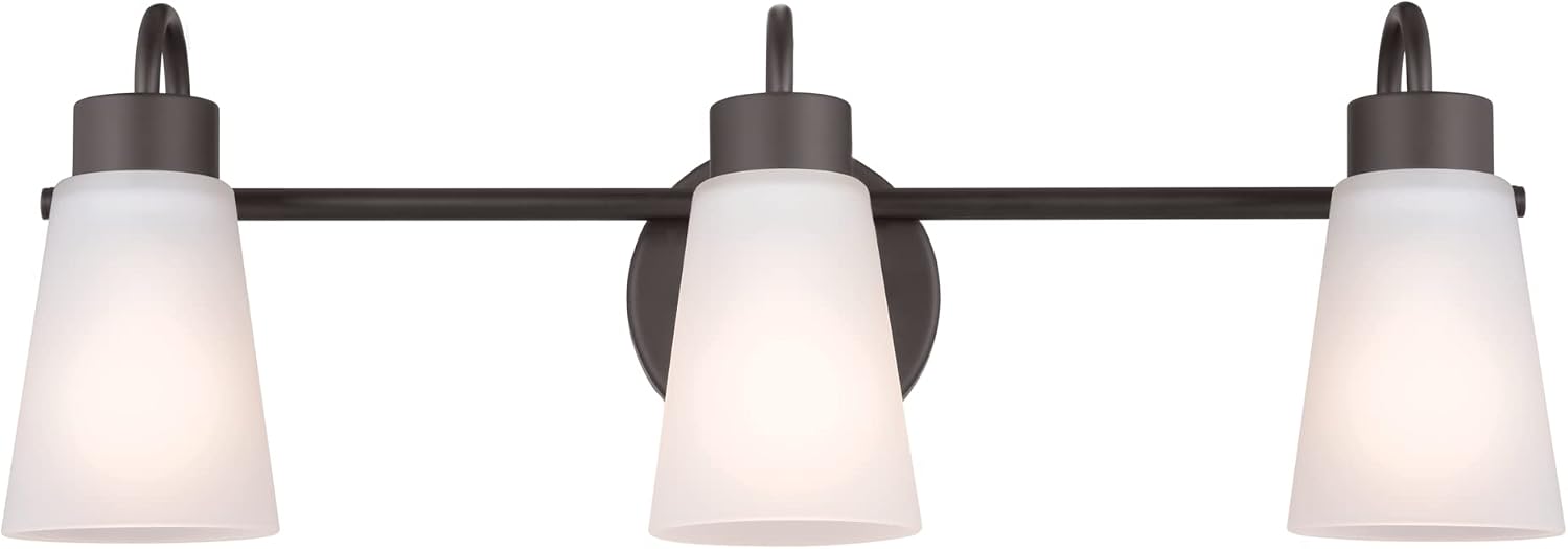 Kichler Erma 3-Light Bathroom Vanity Light Fixture with Satin Etched Glass Shades, Traditional Wall Mount Lighting over Mirror in Olde Bronze, 23 x 8.5 in, 45887NI