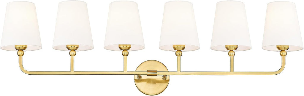 Bathroom Light Fixtures, 42 Inch Brushed Gold Vanity Lights with Flared White Fabric Shade, 6-Light Wall Sconce, Modern Sconces Wall Lighting for Hallway Bedroom, VL837-BG-6