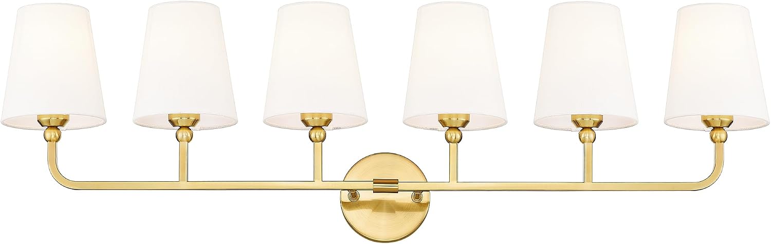 Bathroom Light Fixtures, 42 Inch Brushed Gold Vanity Lights with Flared White Fabric Shade, 6-Light Wall Sconce, Modern Sconces Wall Lighting for Hallway Bedroom, VL837-BG-6