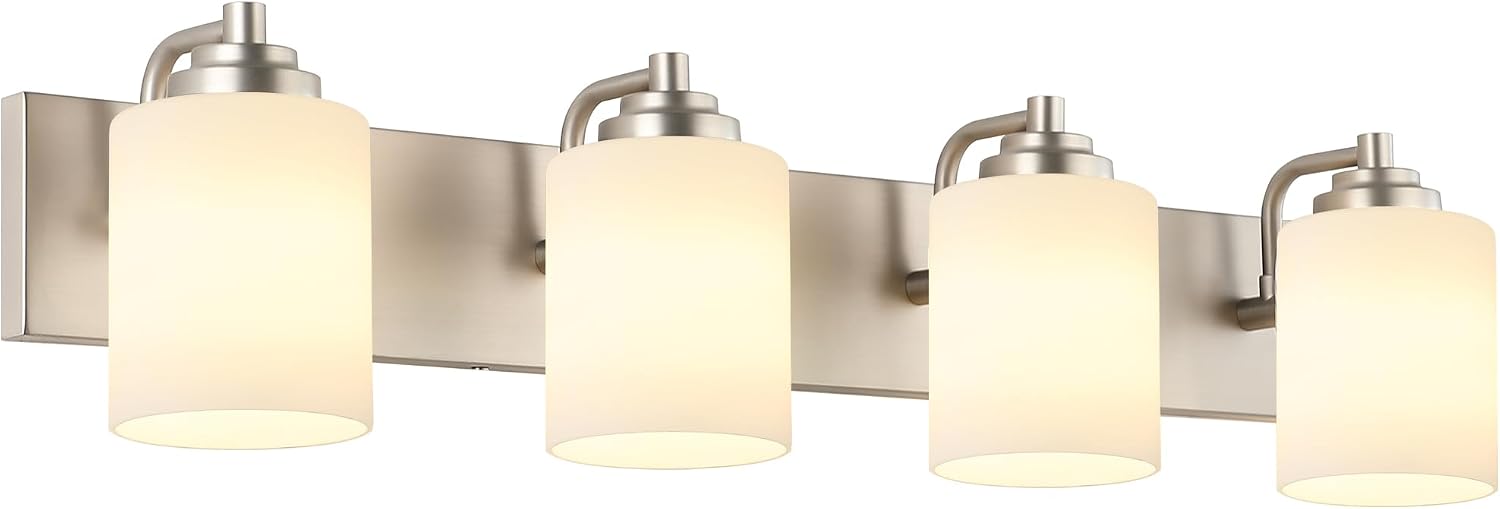 SOLFART Brushed Nickel Bathroom Vanity Light Vintage 4 Light Wall Light with Milky White Globes, 4 Lights Modern Over Mirror Lighting Fixture for Bathroom