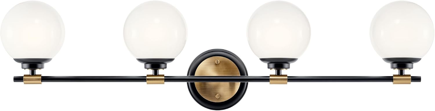 Kichler Benno 4-Light Bathroom Vanity Light Fixture with Opal Glass in Black and Champagne Bronze, Modern Wall Mount Light for Bathroom or Powder Room (8.75' x 34'), 55173BKCPZ