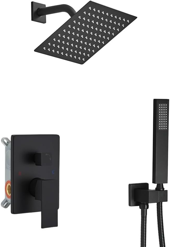 Matte Black Shower System Bathroom Rainfall Shower Faucet Set Complete Wall Mounted 6 Inch Shower Head and Handle Set with Rough-in Valve Body and Trim Kit