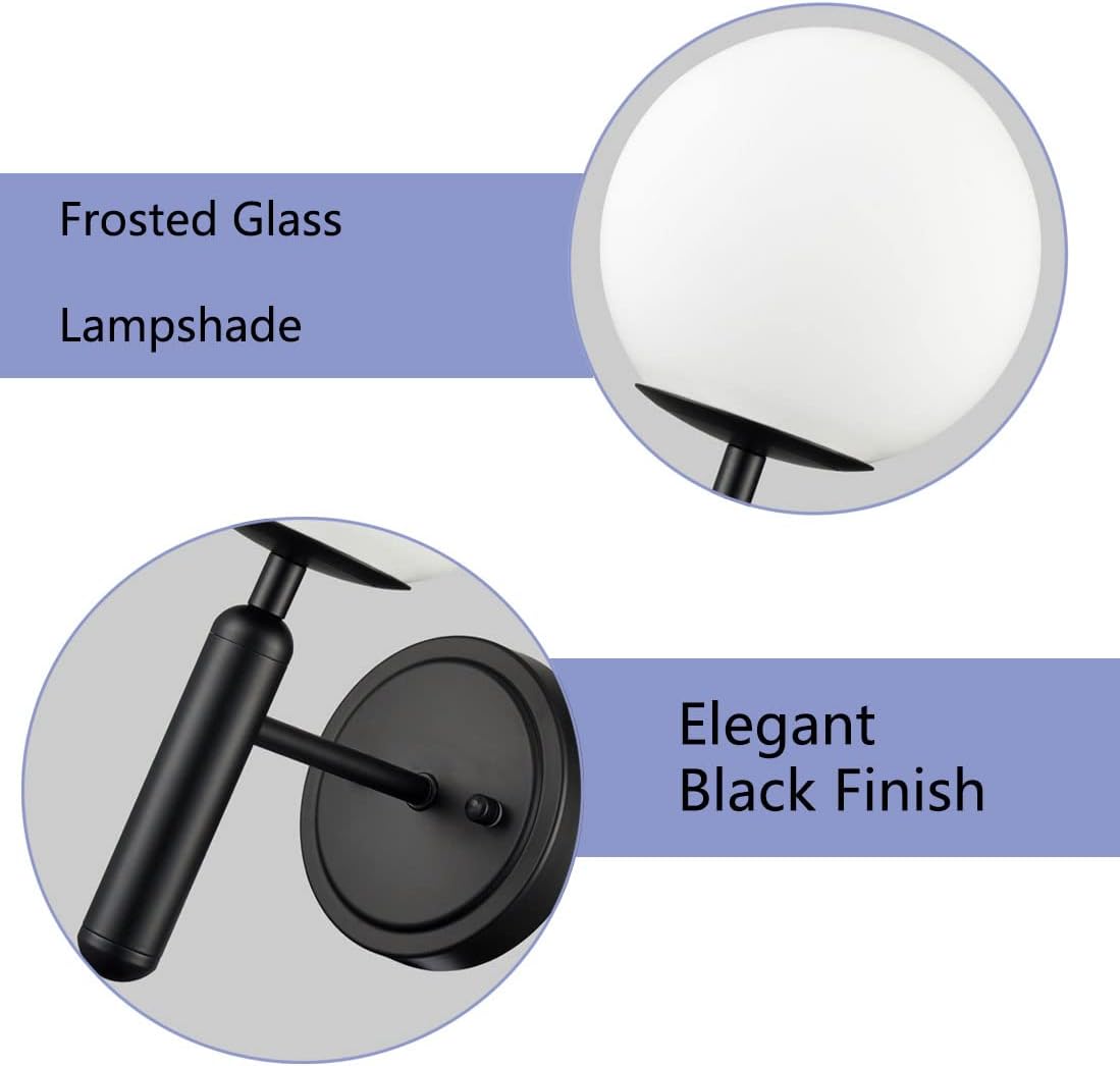 DIRYZON Modern Globe Wall Light Fixture Set of 2 Black Wall Sconces Bathroom Vanity Light with Opal Glass Shade for Living Room Bedside Stairs Mirror
