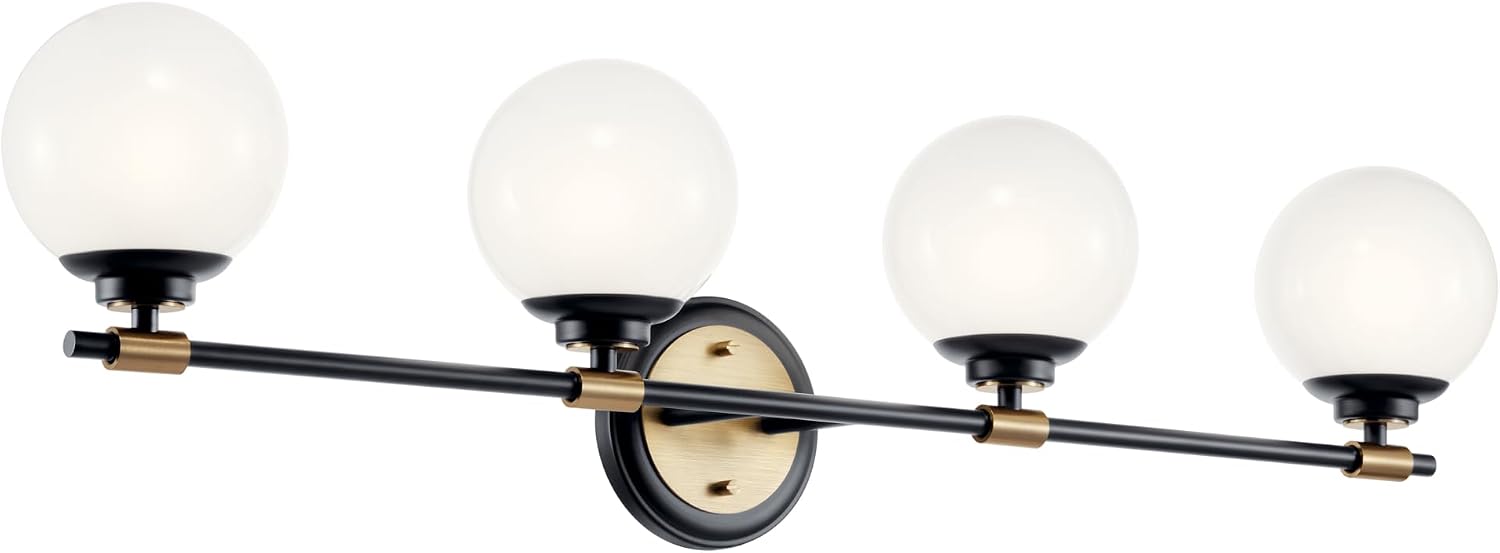 Kichler Benno 4-Light Bathroom Vanity Light Fixture with Opal Glass in Black and Champagne Bronze, Modern Wall Mount Light for Bathroom or Powder Room (8.75' x 34'), 55173BKCPZ