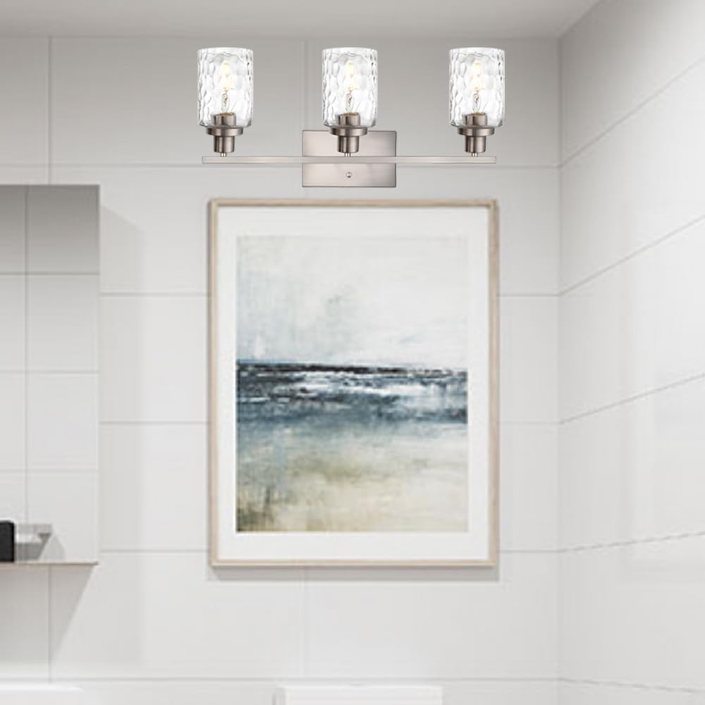 MELUCEE 3-Light Bathroom Lights Modern Vanity Lights Brushed Nickel Finish with Hammered Glass Shade, Industrial Wall Light Fixture for Bedroom Living Room Kitchen (Patent No.: US D963914 S)