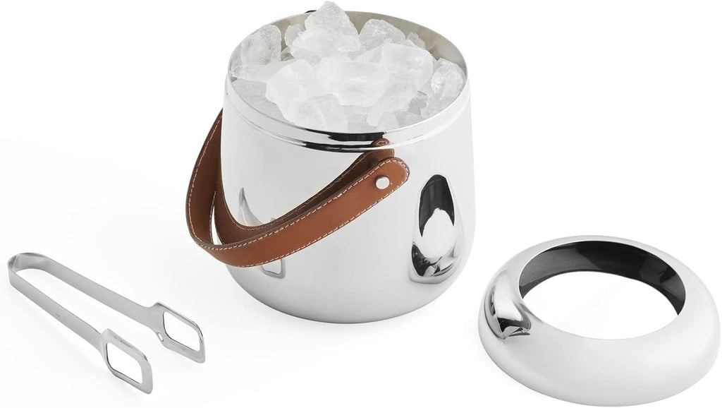 Nambe Tahoe Ice Bucket with Tongs – 6.5' Stainless Steel & Genuine Leather Bar Accessory for Beverage Chilling, Cocktail Service & Home Entertaining, Modern Designer Tabletop Barware