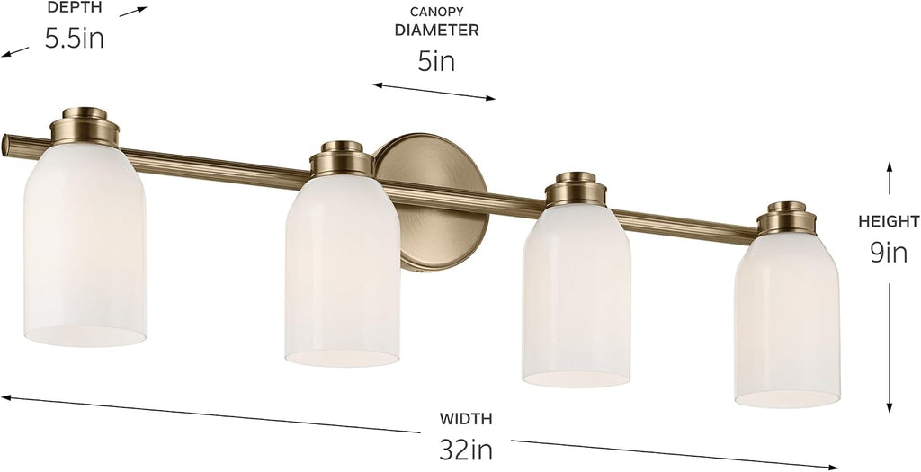 Kichler Shae 32.25' 4-Light Bathroom Vanity Light Fixture with White Opal Glass Shade in Champagne Bronze for Mirror Lighting Over Vanity and Powder Room (32.25' W x 9' H), 55203CPZ