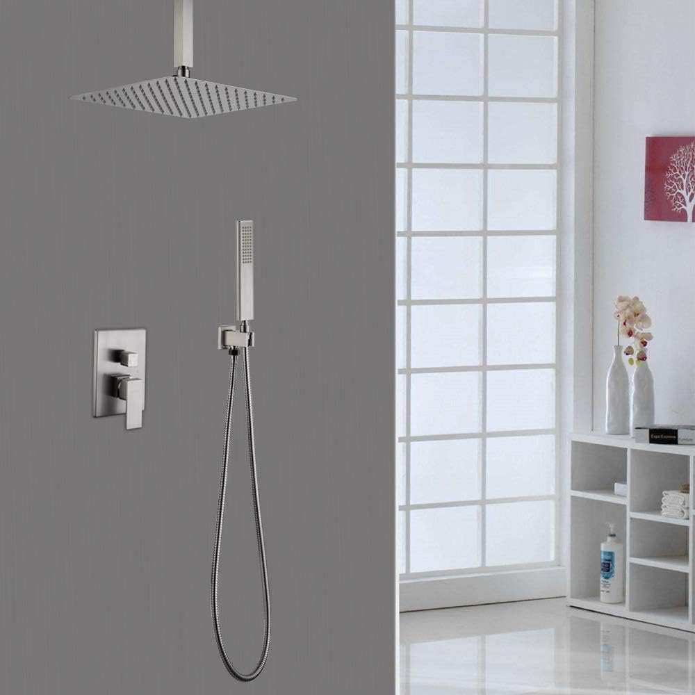 Iriber Ceiling Mount Rain Shower System with Shower Head and Handheld Bathroom Shower Set Contain Shower Faucet Mixer and Trim Kit (Valve Included) (Brushed Nickel)