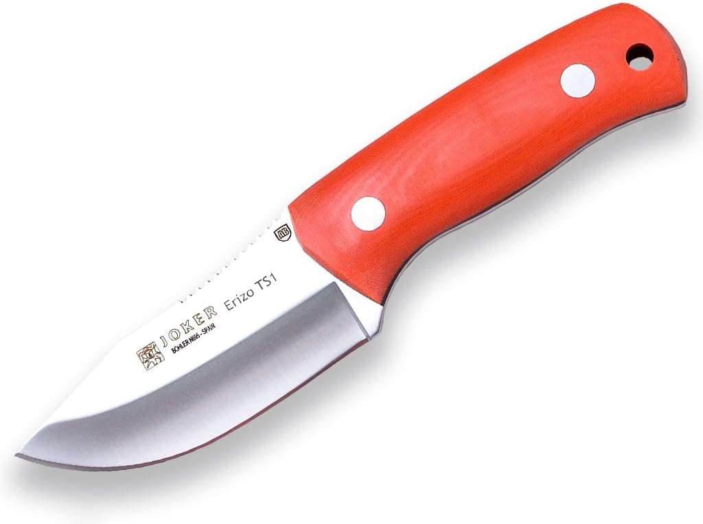 Joker 'Erizo TS1 CN81-F Skinning Knife, 2.95-inch Blade, Orange Canvas Micarta Handle, Black Kydex Sheath with Firestarter, Fishing, Hunting, Camping, and Hiking Tool.