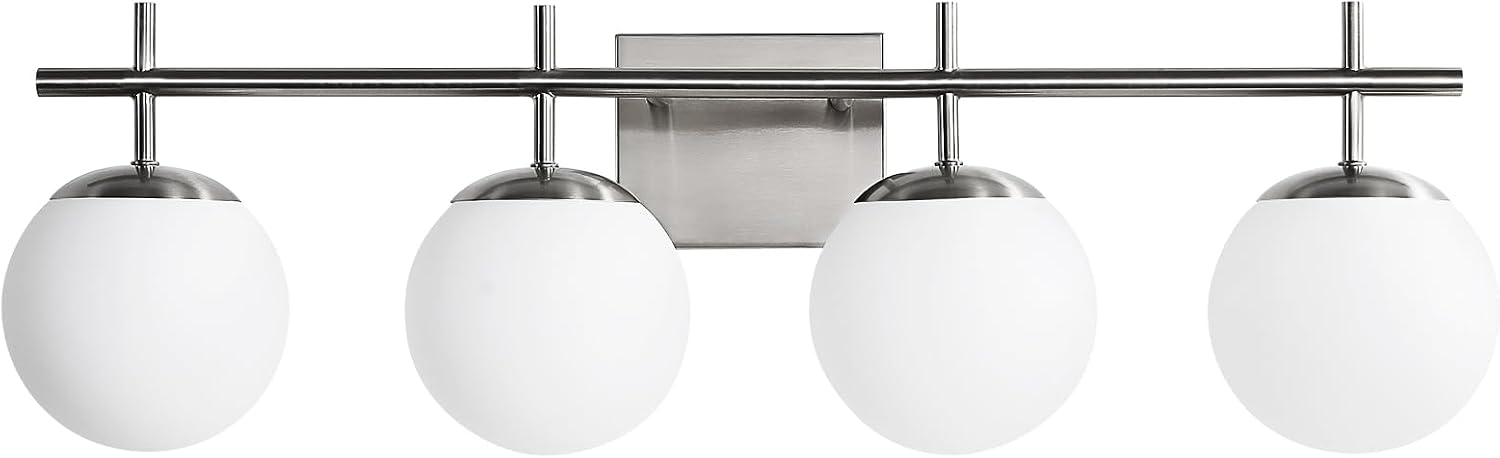 AIJIASI Bathroom Vanity Light, 4-Light Brushed Nickel Vanity Lights, 30.7 Inch Modern Bathroom Light Fixtures with Milky White Glass Globe Shade, Vanity Lighting Fixtures Over Mirror Wall Sconce
