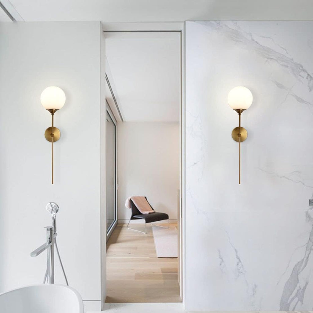 KCO Mid-Century Modern Wall Mounted Sconces Set of 2 Brushed Gold Globe Vanity Light Fixture Long Arm Industrial Bathroom Lighting Fixtures Over Mirror (White)