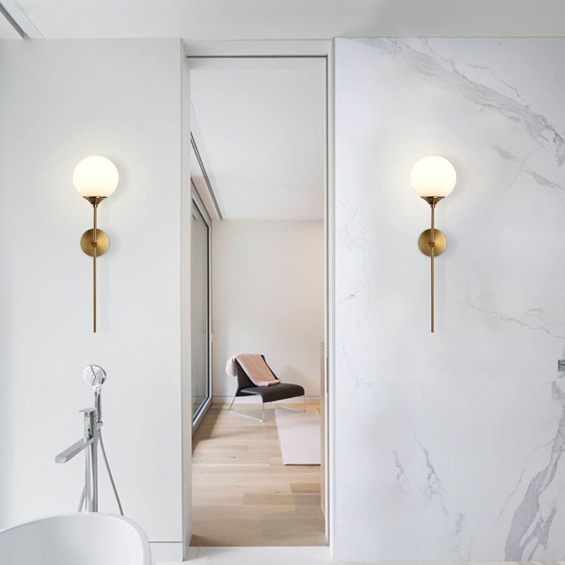 KCO Mid-Century Modern Wall Mounted Sconces Set of 2 Brushed Gold Globe Vanity Light Fixture Long Arm Industrial Bathroom Lighting Fixtures Over Mirror (White)