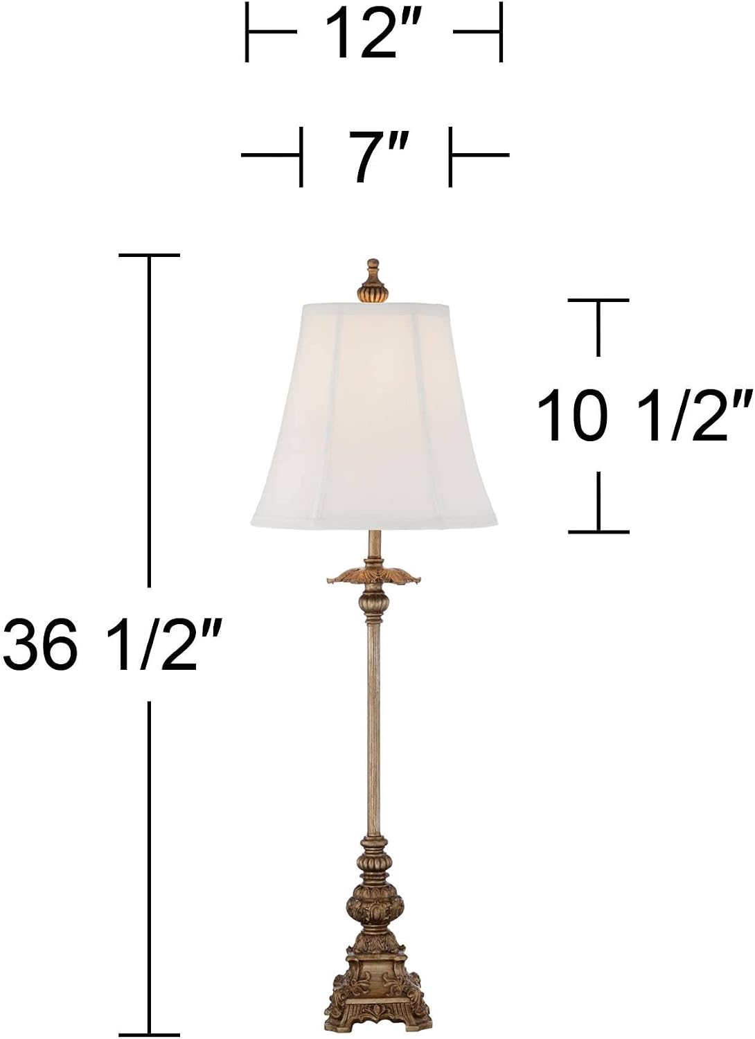 Regency Hill Juliette Traditional French Country Style Buffet Table Lamps 36.5' Tall Skinny Set of 2 Antique Gold Ornate Base White Fabric Bell Shade Decor for Living Room House Home Dining
