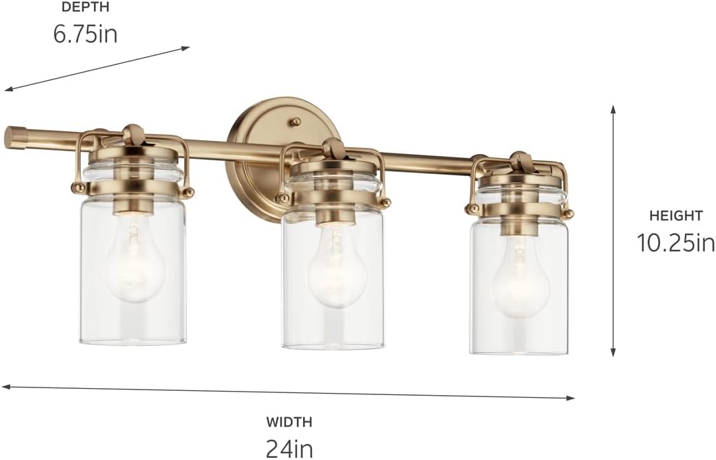 Kichler Brinley 24' 3-Light Bathroom Vanity Light Fixture with Clear Glass in Champagne Bronze, Modern Farmhouse Mason Jar Style for Mirror Lighting (24' W x 10.25' H), 45689CPZ