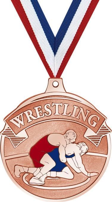 Crown Awards 2.25' Bronze Gilded Wrestling Medal Award with Free Neck Ribbon
