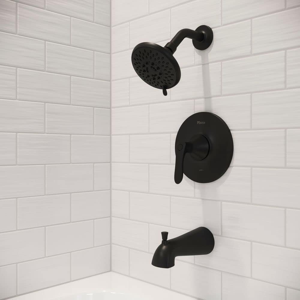 Pfister Weller Single Handle Matte Black Shower Faucet Set with 5-Mode Multi-Function Shower Head and QuickConnect Tub Spout for Complete Bathroom Shower Kit LG898WRB