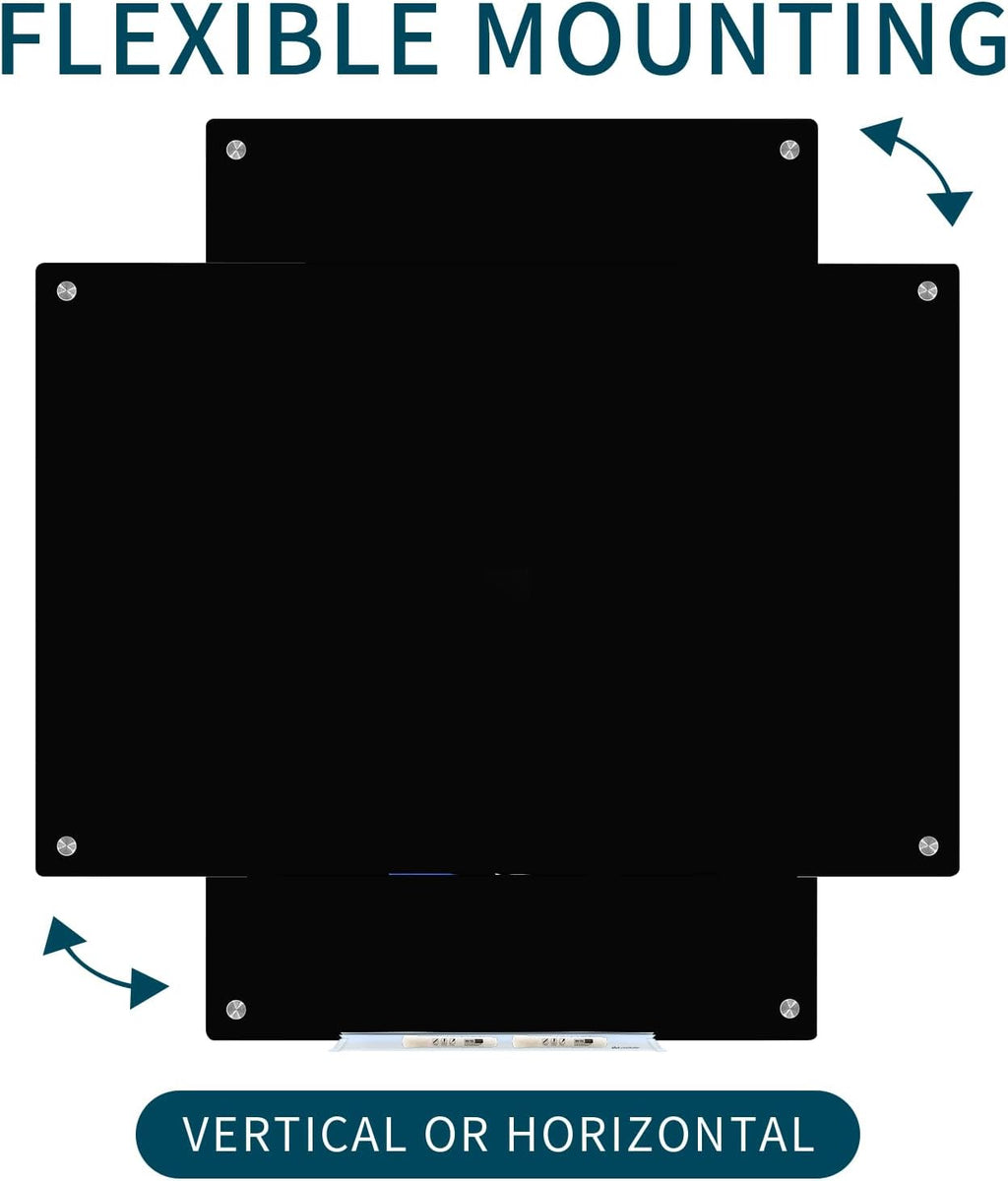 Magnetic Glass Whiteboard, Black Glass Dry Erase Board 4' x 3', Tempered Glass White Board Frameless, Home School Supplies or Home Office Decor with Magnets, Markers, Eraser, Marker Tray