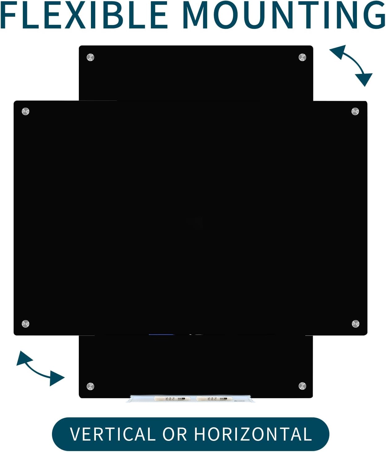 Magnetic Glass Whiteboard, Black Glass Dry Erase Board 4' x 3', Tempered Glass White Board Frameless, Home School Supplies or Home Office Decor with Magnets, Markers, Eraser, Marker Tray