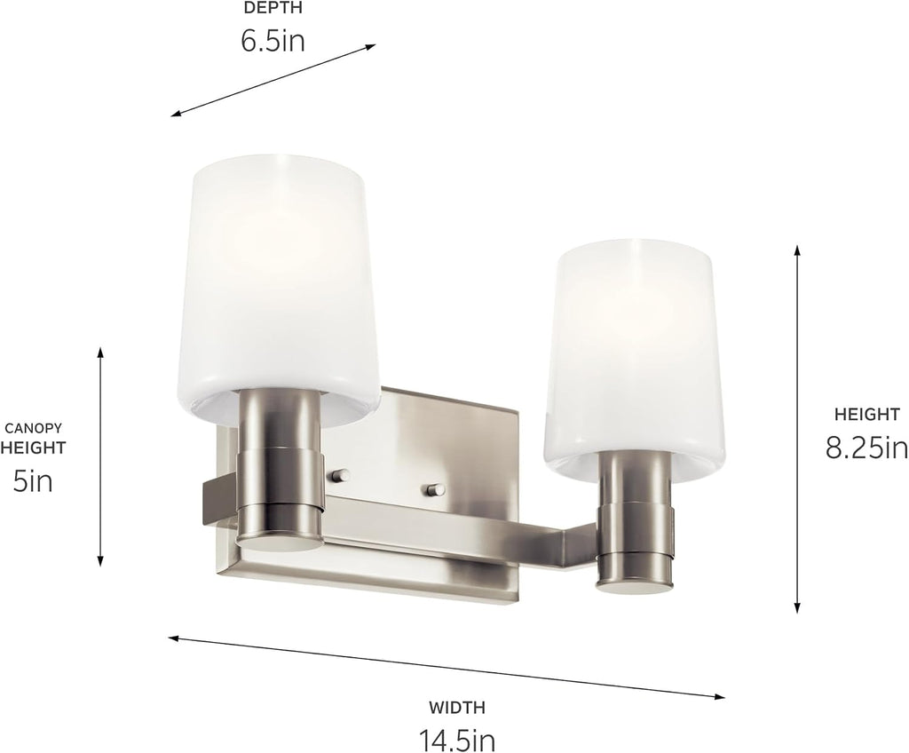 Kichler Adani 2-Light Vanity Light Fixture, Modern Bathroom Lighting with Opal Glass in Brushed Nickel, Wall Mount Light for Bathroom or Powder Room (8.25 x 14.5 in), 55175NI