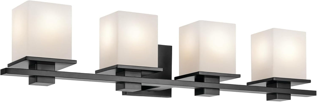 Kichler Tully 32' 4-Light Bathroom Vanity Light Fixture with Satin Etched Cased Opal Glass in Black for Over Mirror, Modern Wall Mount Lighting (32' x 6.5' x 7'), 45152BK