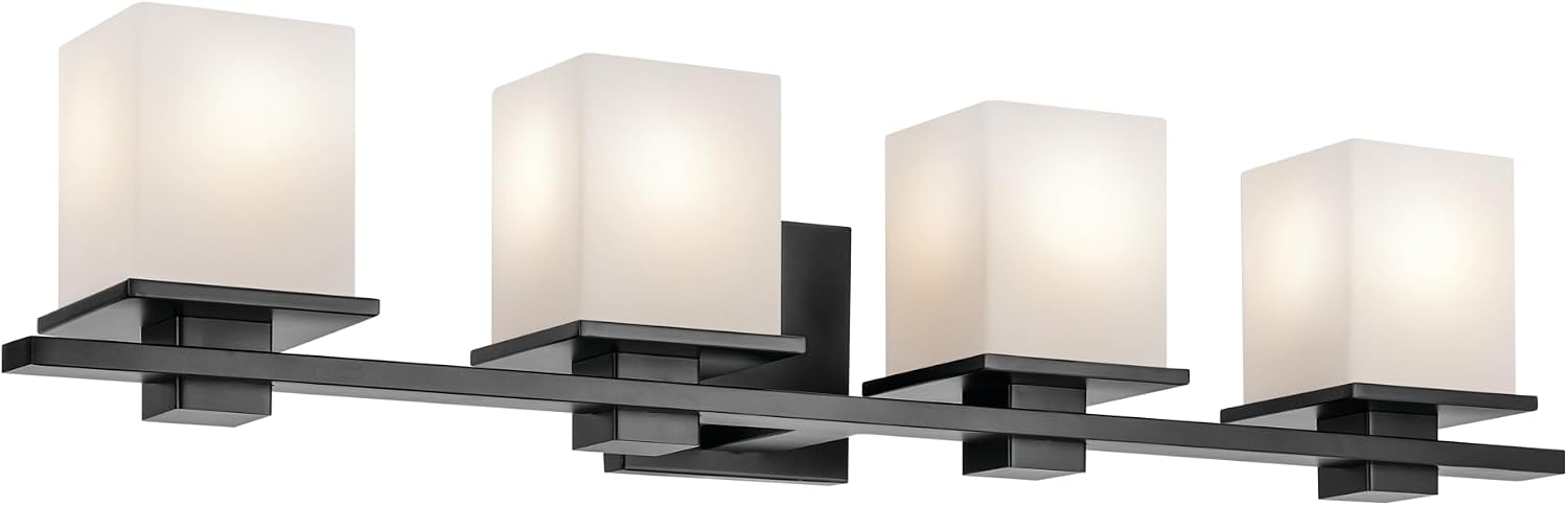 Kichler Tully 32' 4-Light Bathroom Vanity Light Fixture with Satin Etched Cased Opal Glass in Black for Over Mirror, Modern Wall Mount Lighting (32' x 6.5' x 7'), 45152BK