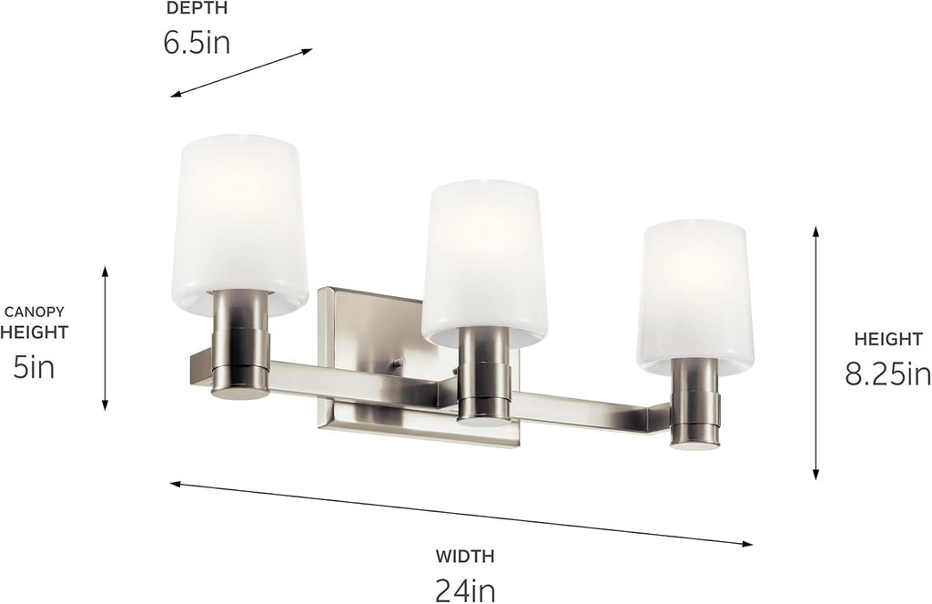Kichler Adani 3-Light Vanity Light Fixture, Modern Bathroom Vanity Light with Opal Glass in Brushed Nickel for Bathroom or Powder Room Wall Mount (8.25' x 24'), 55176NI