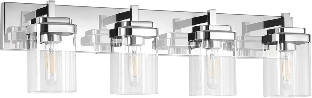 4-Light Vanity Light Fixture, Bathroom Wall Sconces, Bathroom Vanity Lighting Over Mirror | Square Clear Glass Shade | Bulbs Not Included | E26 Socket | Chrome
