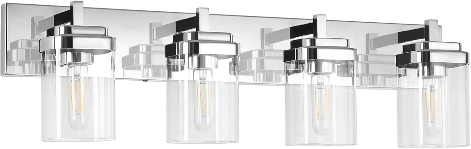 4-Light Vanity Light Fixture, Bathroom Wall Sconces, Bathroom Vanity Lighting Over Mirror | Square Clear Glass Shade | Bulbs Not Included | E26 Socket | Chrome