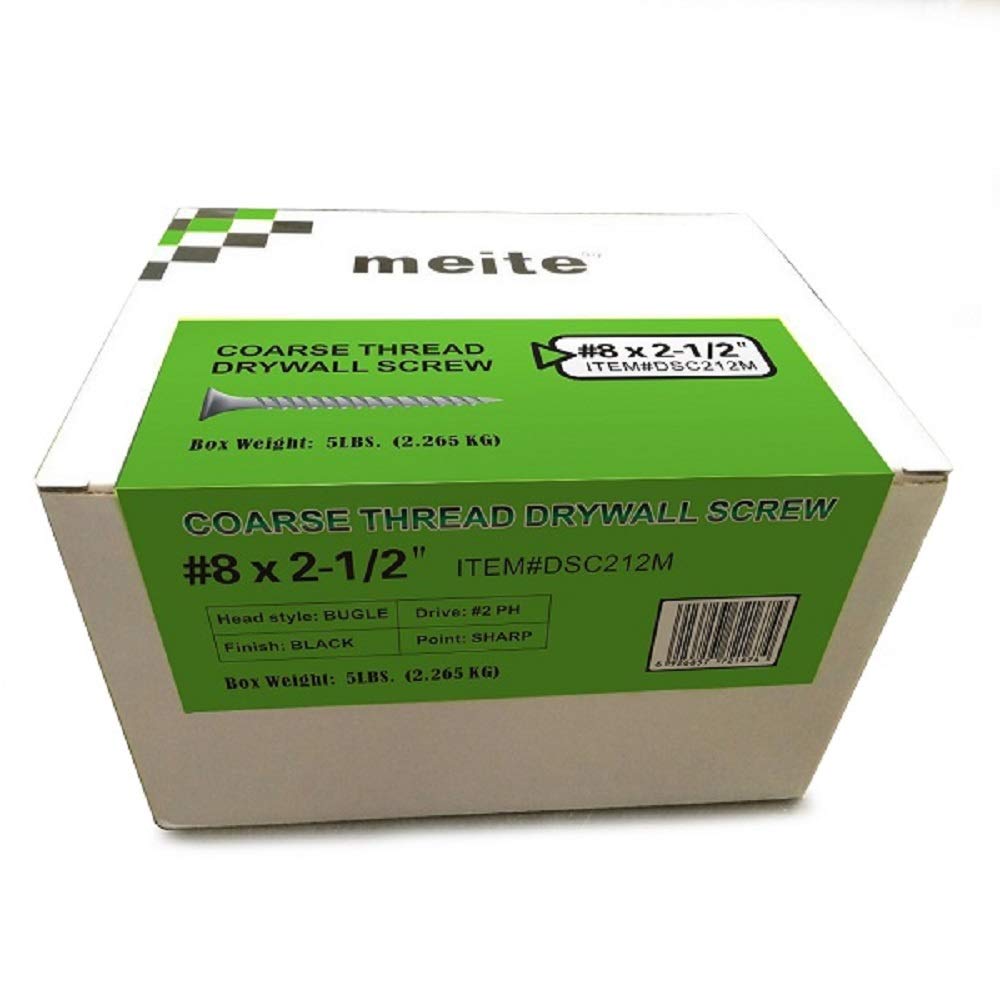meite #8 Coarse Thread Drywall Screw by 2-1/2-Inch Length with Bugle Head, 5 Pounds Black Drywall Screws Fasteners (8 Boxes) #DSC212M