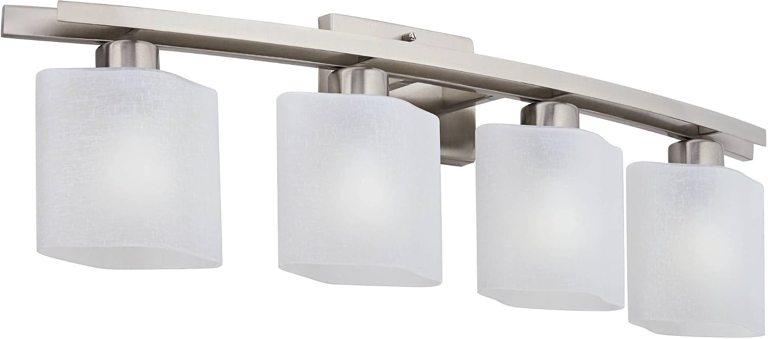 Possini Euro Design Modern Wall Mount Light Brushed Nickel Silver Hardwired 32' Wide 4-Light Fixture Curved Frame White Linen Glass Shade for Bedroom Bathroom Vanity Reading Living Room Hallway