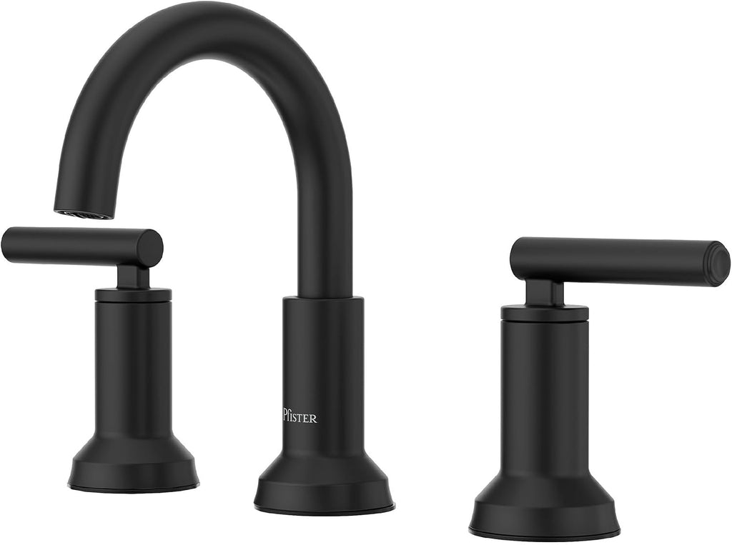 Pfister Capistrano Widespread 3 Hole Matte Black Bathroom Sink Faucet with 2 Handles Push & Seal Drain NSF Certified Spot Defense Finish Farmhouse Style Vanity LF049CSOSDB