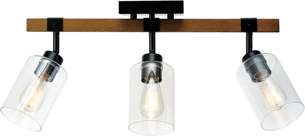 Globe Electric 57502 3-Light Track Lighting, Wood Toned, Matte Black Accents, Clear Glass Shades, Pivoting Heads, Modern Farmhouse, Ceiling Light for Kitchen Island and Dining Room Table