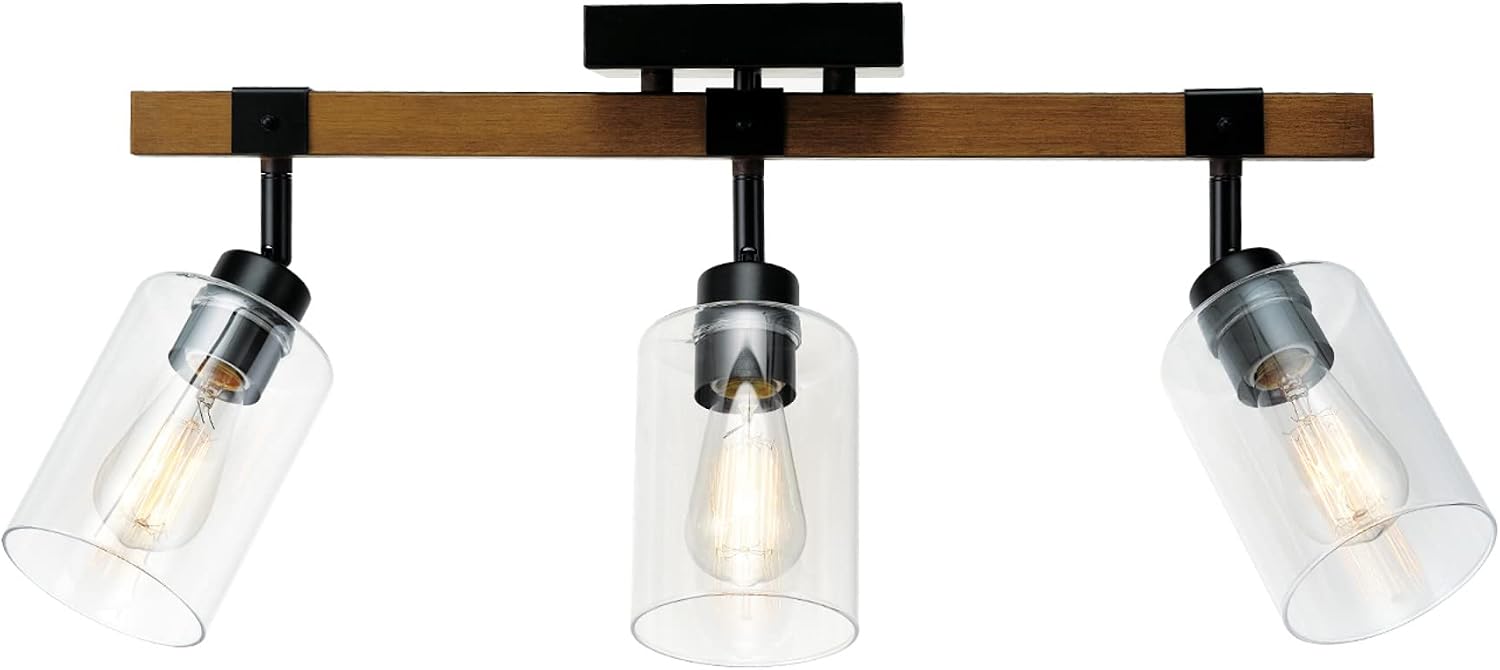Globe Electric 57502 3-Light Track Lighting, Wood Toned, Matte Black Accents, Clear Glass Shades, Pivoting Heads, Modern Farmhouse, Ceiling Light for Kitchen Island and Dining Room Table