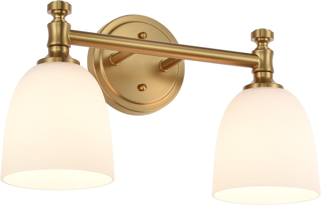 Gold Bathroom Vanity Light Fixtures, 2-Light Over Mirror, Traditional Vanity Lights for Living Room, Milk White Glass Shades, Standard E26 Base, Aged Brass, 16.3' W x 9.4' H x 6.25' D